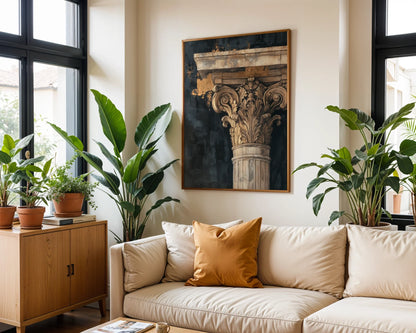 Corinthian Column Art Acanthus Leaves Architectural Canvas Print — Refined canvas displaying weathered Greek column detail for sophisticated interior styling