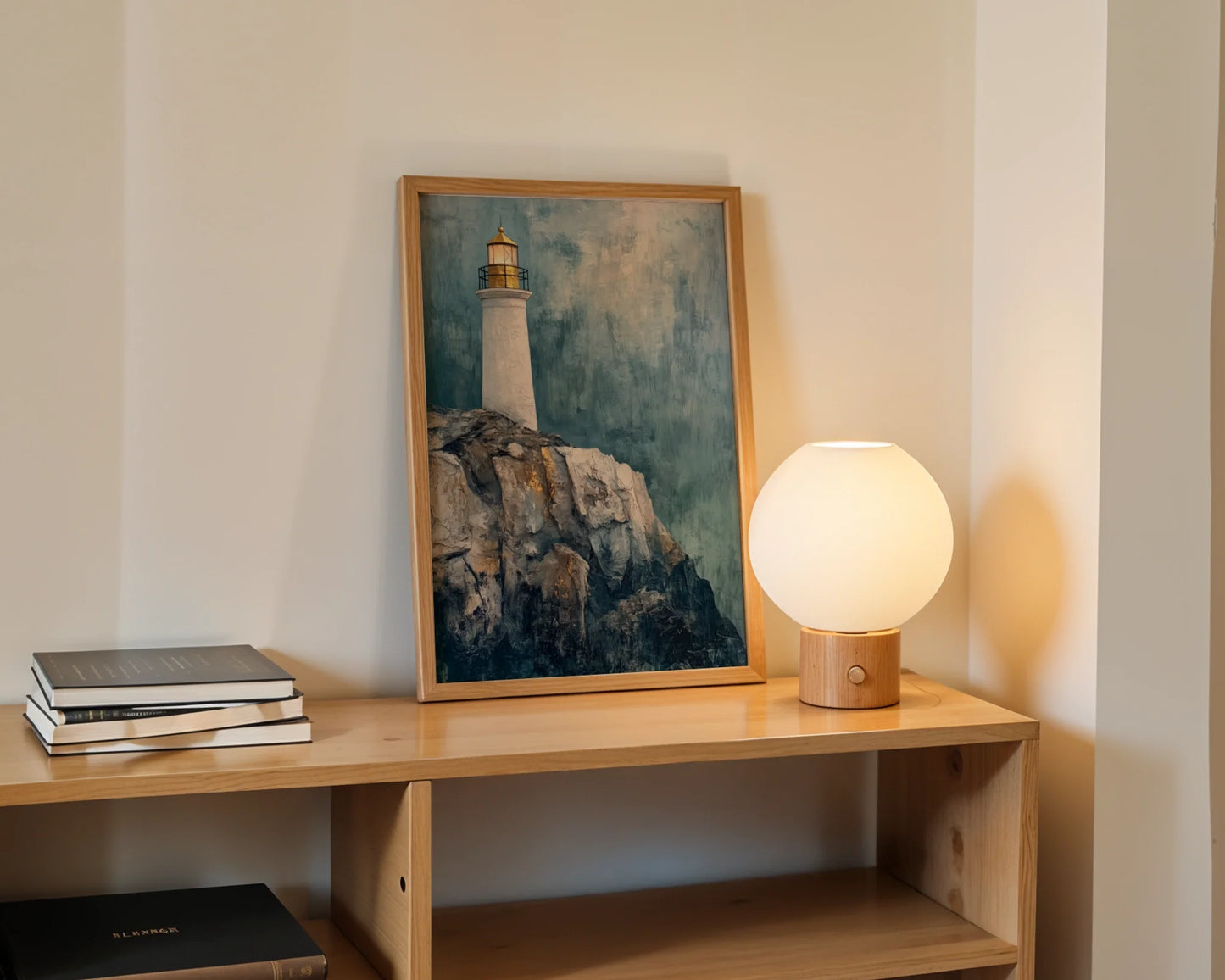 Lighthouse Rocky Cliff Storm Mist Maritime Canvas Wall Art — Minimalist living room showcasing dramatic seascape canvas featuring towering beacon through swirling fog