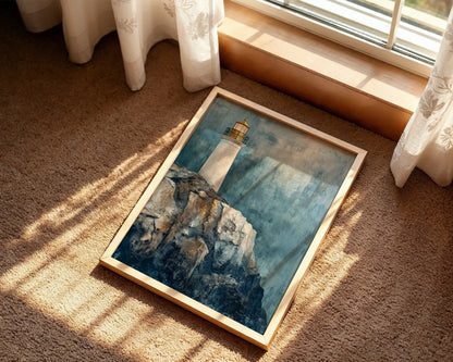 Lighthouse Rocky Cliff Storm Mist Maritime Canvas Wall Art — Scandinavian home office featuring moody seascape canvas with ancient beacon cutting through harbor fog