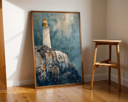Lighthouse Rocky Cliff Storm Mist Maritime Canvas Wall Art — Farmhouse entryway displaying vintage-inspired tower canvas with weathered stone cliffs and rolling mist