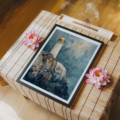 Lighthouse Rocky Cliff Storm Mist Maritime Canvas Wall Art — Soft blue-grey canvas with cream highlights showing misty tower scene for tranquil home decorating