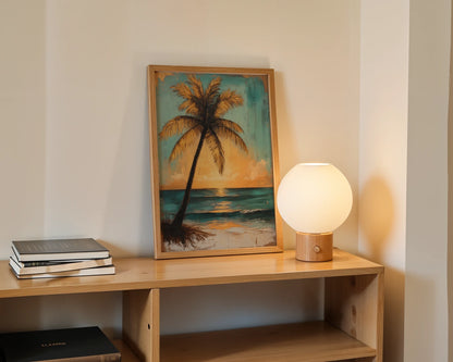 Tropical Palm Tree Sunset Golden Hour Canvas Wall Art — Maritime canvas displaying lone palm against glowing seascape for bohemian home decor styles