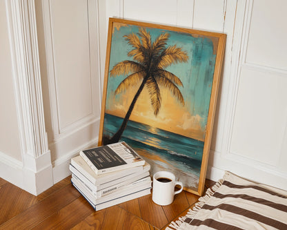 Tropical Palm Tree Sunset Golden Hour Canvas Wall Art — Antique beach artwork showcasing silhouetted fronds over turquoise waters for eclectic interiors