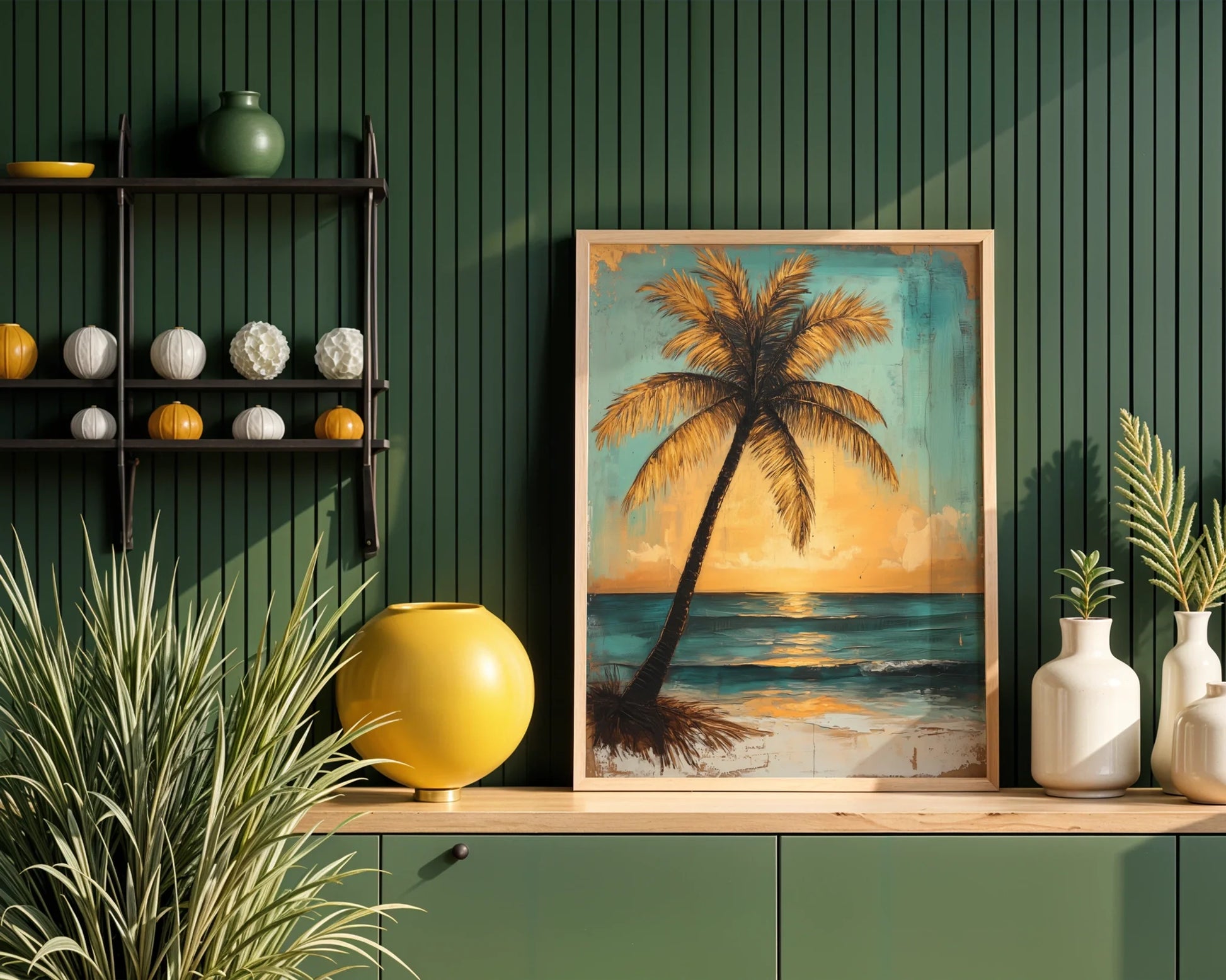 Tropical Palm Tree Sunset Golden Hour Canvas Wall Art — Boho tropical canvas featuring backlit coconut tree during magic hour for relaxed home styling