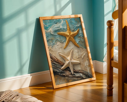 Coastal Starfish Impasto Twin Marine Life Canvas Wall Art — Minimalist canvas featuring dual sea creatures floating above weathered wood for contemporary home decor