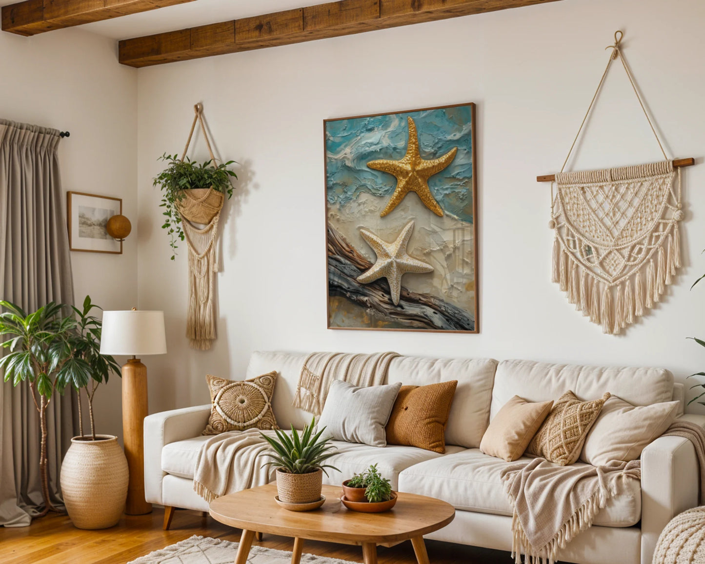 Coastal Starfish Impasto Twin Marine Life Canvas Wall Art — Maritime canvas showcasing amber-toned sea life resting on pale shore sand for modern nautical decor