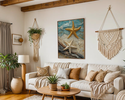 Coastal Starfish Impasto Twin Marine Life Canvas Wall Art — Maritime canvas showcasing amber-toned sea life resting on pale shore sand for modern nautical decor