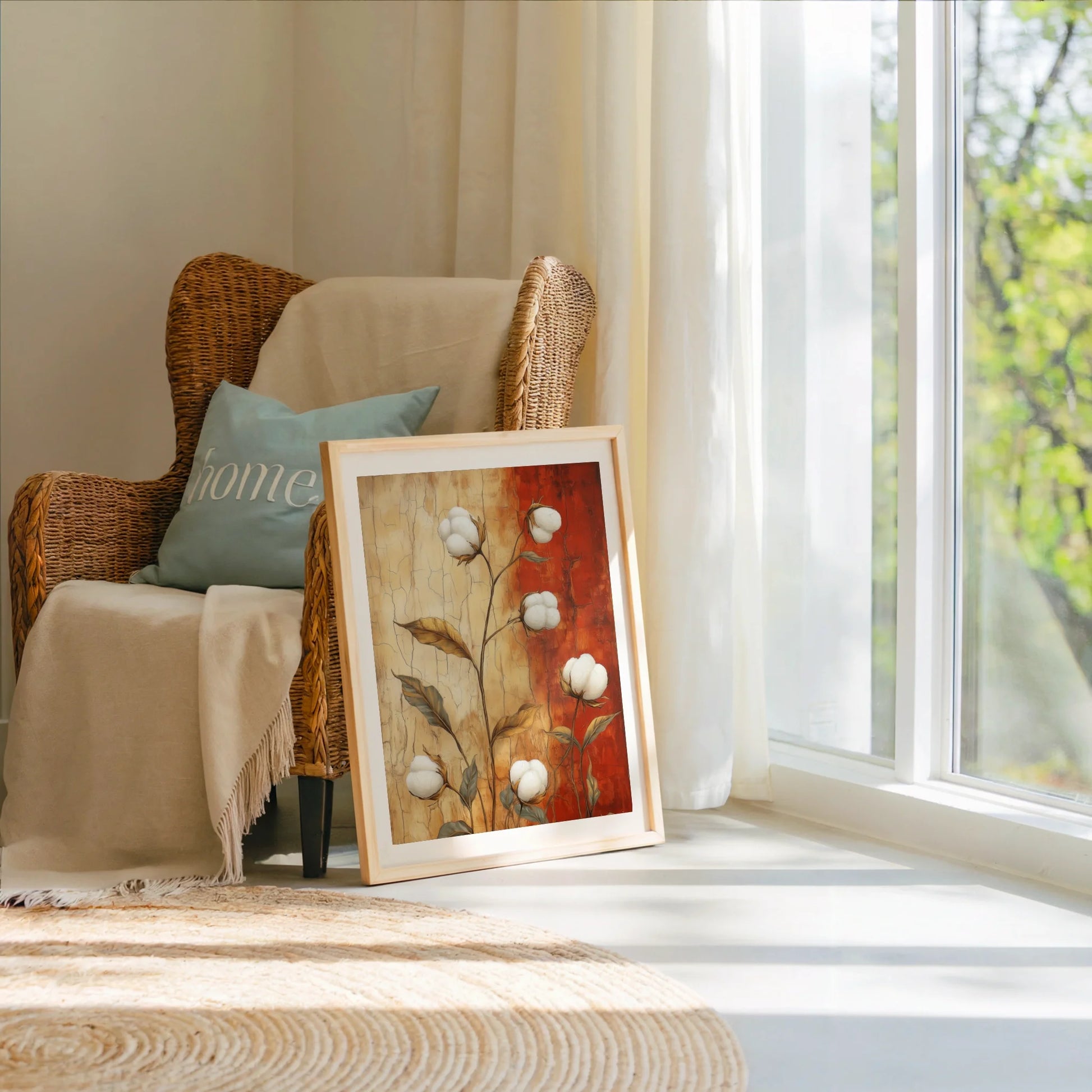 Cotton Boll Farmhouse Crackled Earth Tone Canvas Wall Art — Canvas print capturing nostalgic cotton field essence ideal for southern-inspired home decoration styles