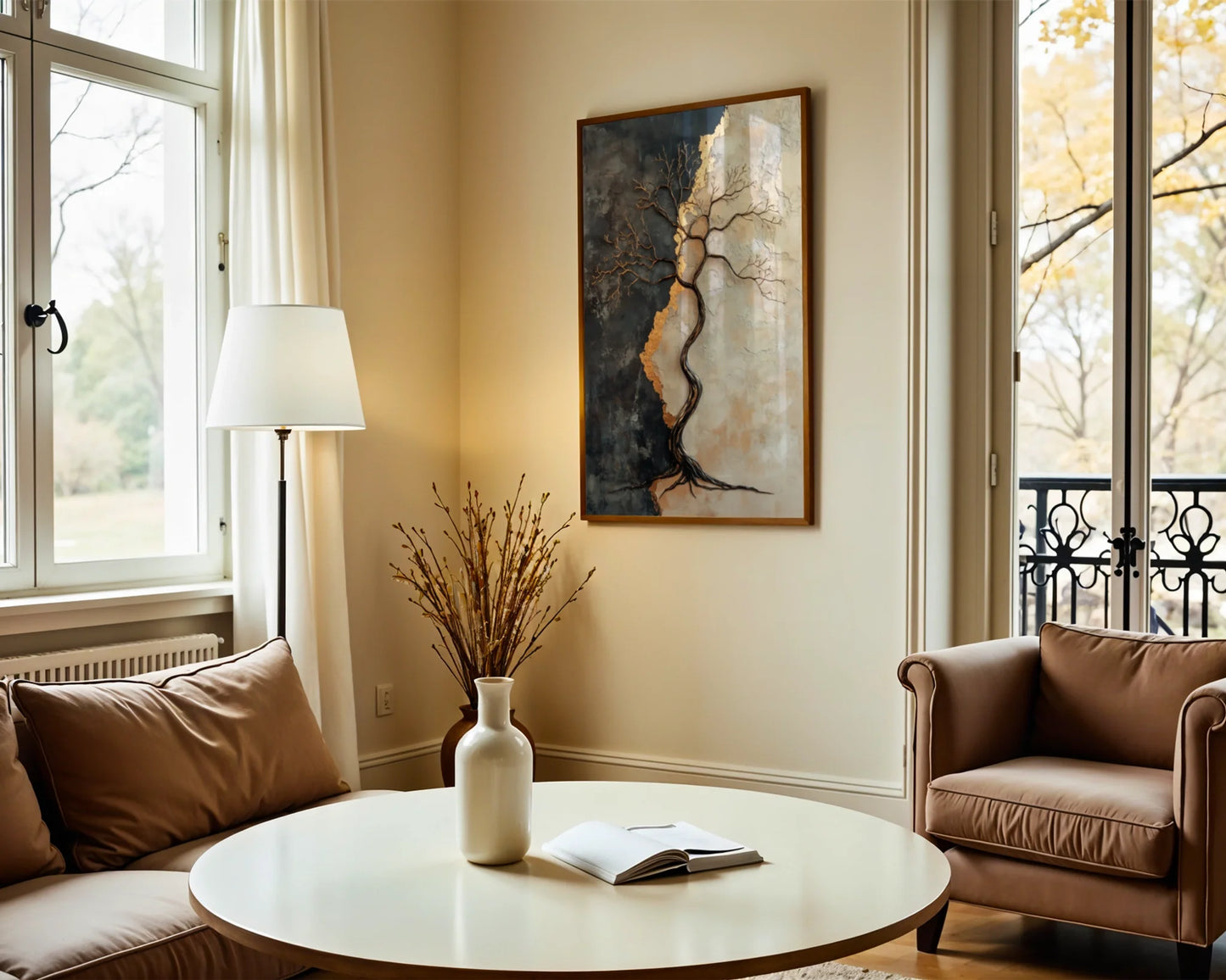 Bronze Tree Sculptural Liquid Metal Canvas Wall Art — Sophisticated artwork showcasing an elegant botanical form in rich earth tones for upscale interior design