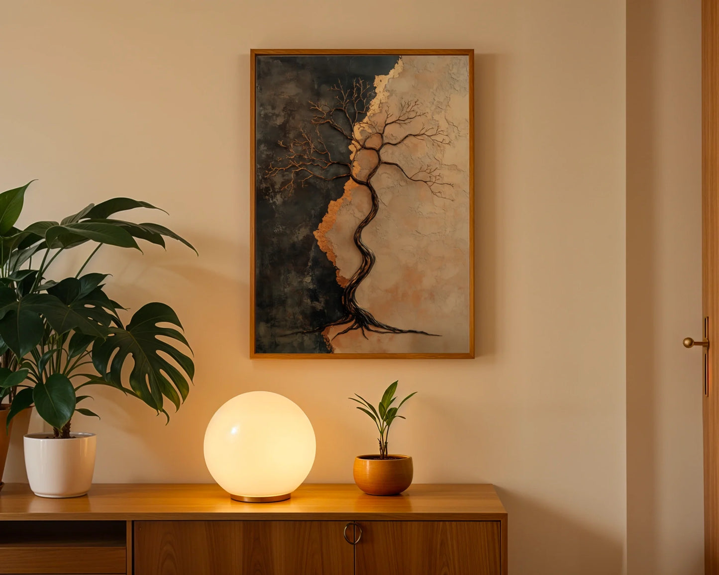 Bronze Tree Sculptural Liquid Metal Canvas Wall Art — Geometric nature print with sleek metallic accents styled in a clean minimalist home environment