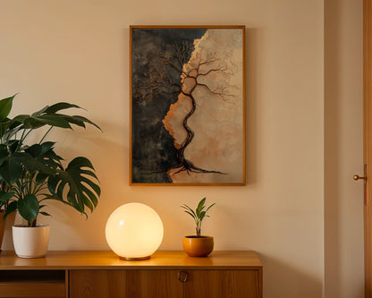 Bronze Tree Sculptural Liquid Metal Canvas Wall Art — Geometric nature print with sleek metallic accents styled in a clean minimalist home environment