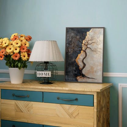 Bronze Tree Sculptural Liquid Metal Canvas Wall Art — Storm gray and honeyed limestone artwork with dimensional copper elements in elegant room setting