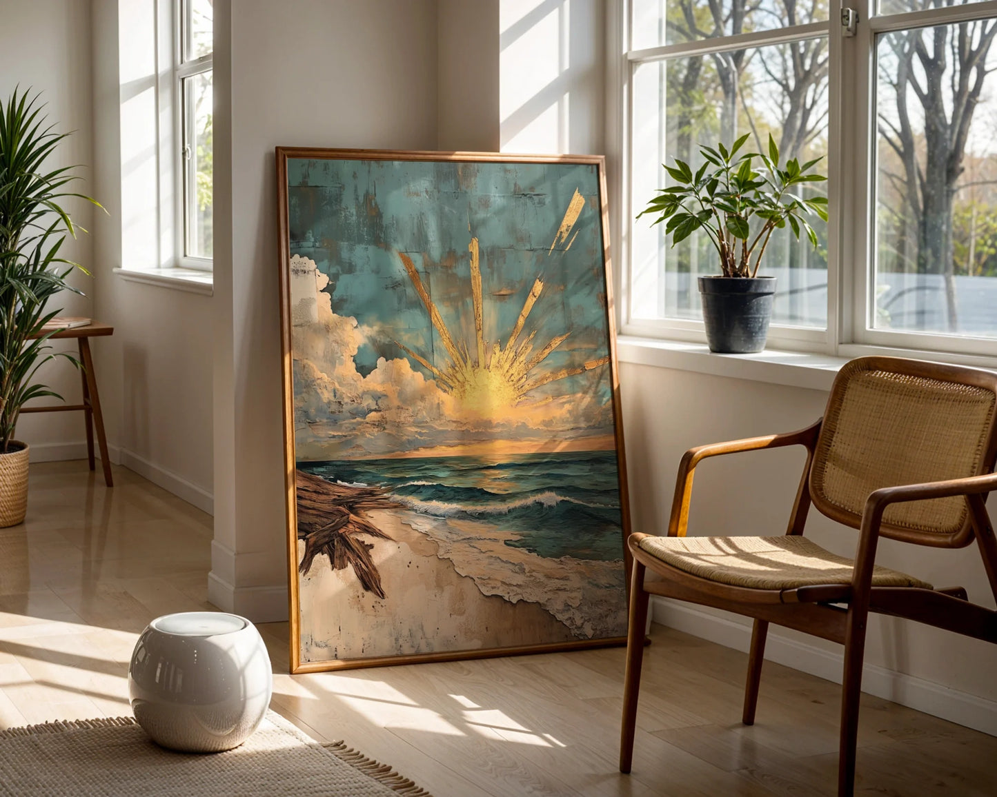 Coastal Sunrise Art Driftwood Storm Clouds in room