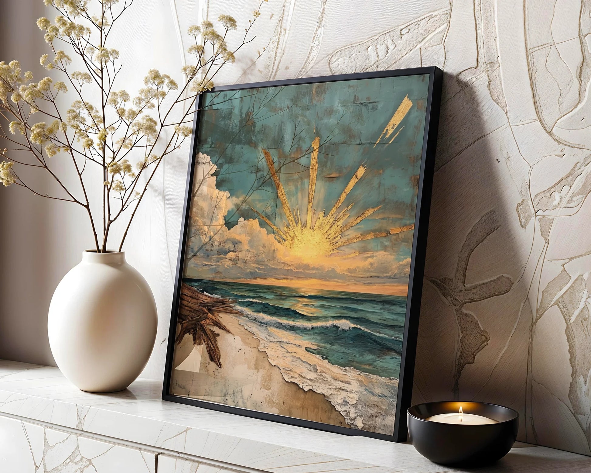 Coastal Sunrise Art Driftwood Storm Clouds Canvas Wall Art — Maritime home styling with antique finish ocean scene canvas displayed on neutral wall
