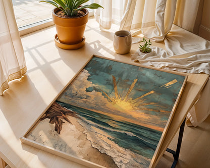 Coastal Sunrise Art Driftwood Storm Clouds Canvas Wall Art — Shabby chic seaside canvas with distressed finish hanging in contemporary coastal interior