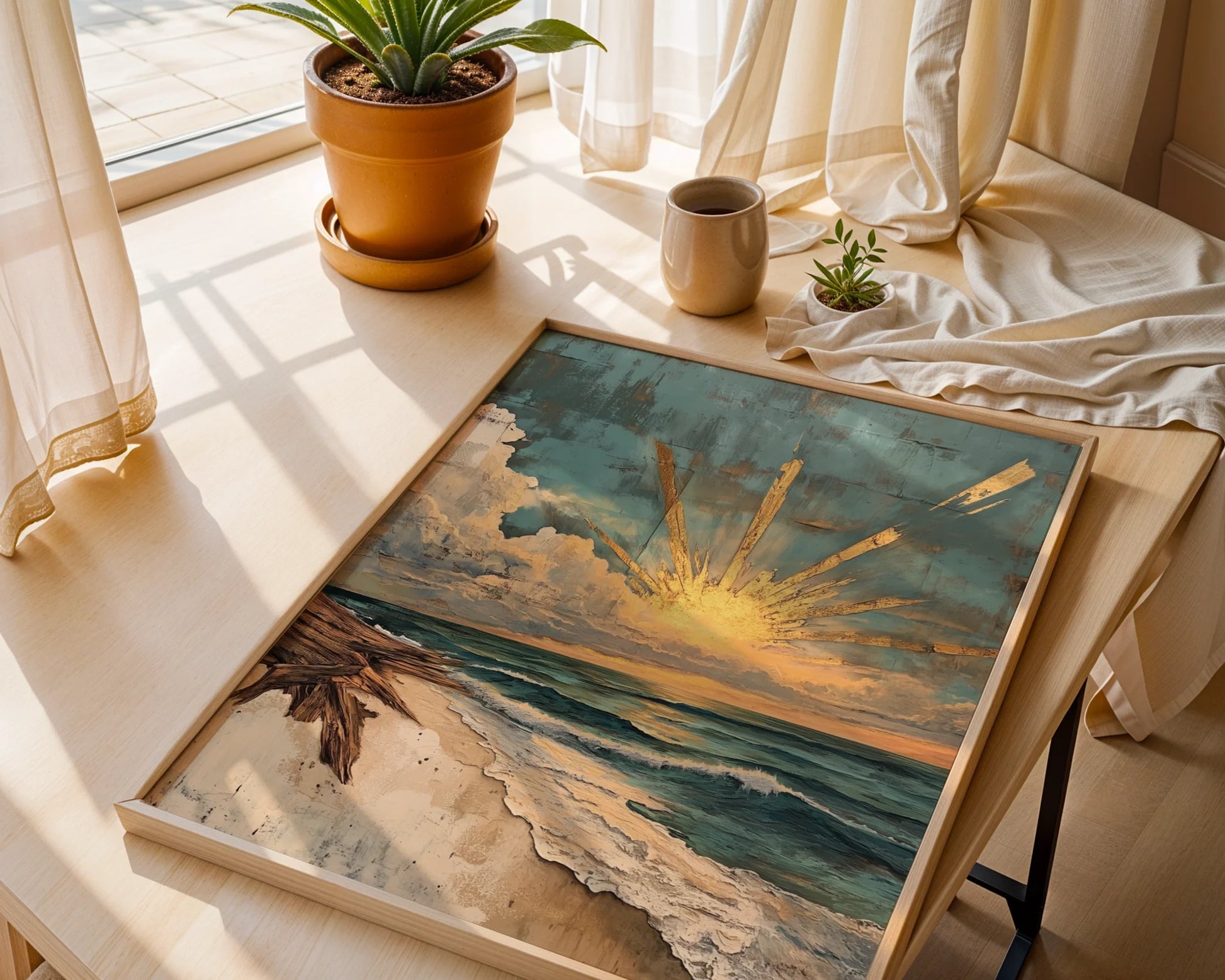 Coastal Sunrise Art Driftwood Storm Clouds in room