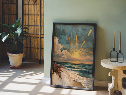 Coastal Sunrise Art Driftwood Storm Clouds Canvas Wall Art — Aged driftwood artwork with verdigris tones perfect for rustic beach house decorating
