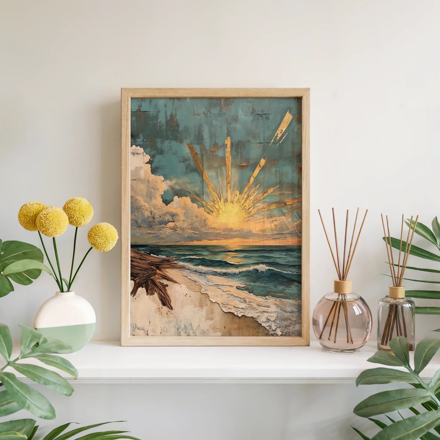 Coastal Sunrise Art Driftwood Storm Clouds Canvas Wall Art — Teal and amber ocean canvas with weathered texture mounted in minimalist room setting