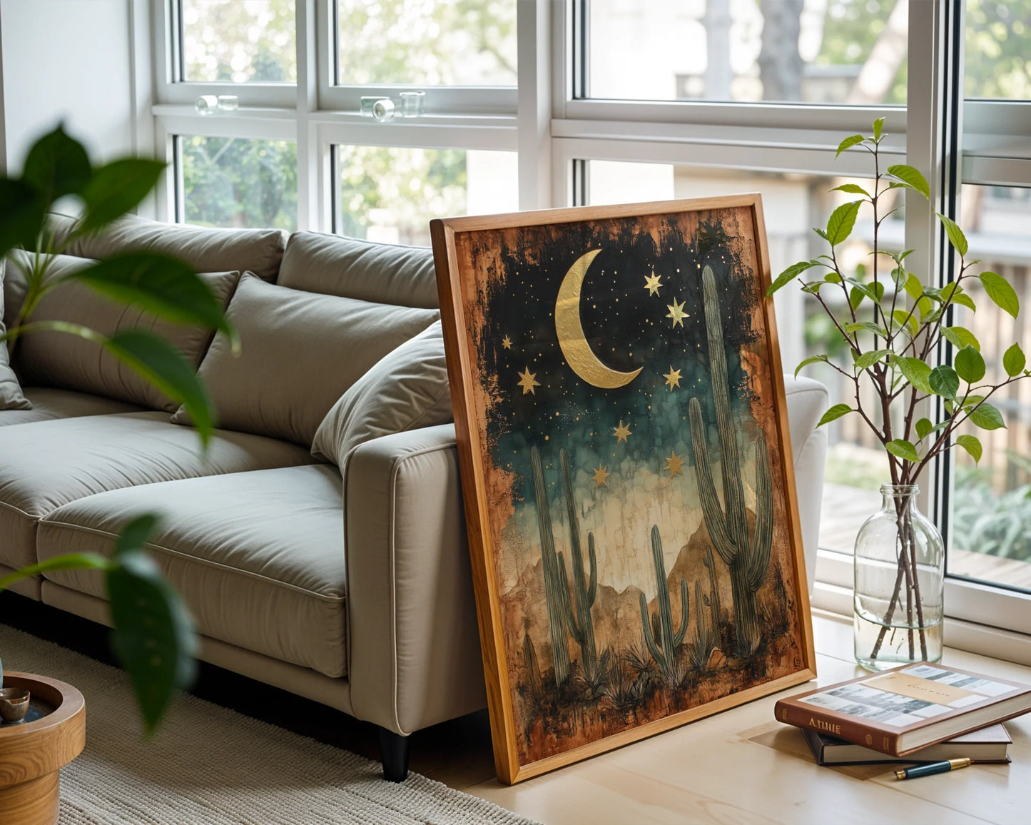 Desert Cactus Canvas Wall Art Gold Moon Saguaro Boho Print — Eclectic dining room showcases minimalist canvas featuring towering desert guardians under crescent moon
