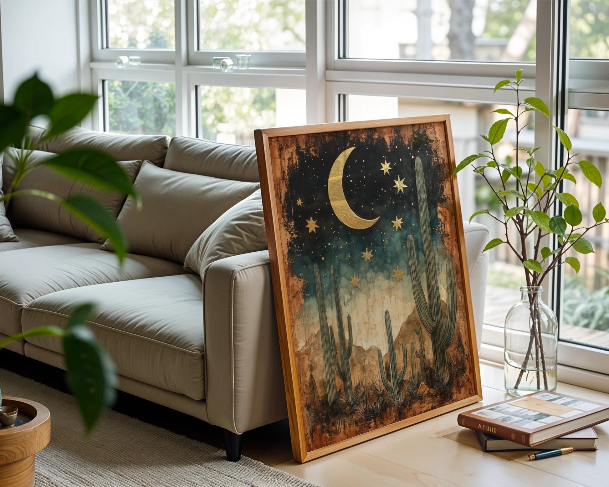 Desert Cactus Canvas Wall Art Gold Moon Saguaro Boho Print — Eclectic dining room showcases minimalist canvas featuring towering desert guardians under crescent moon