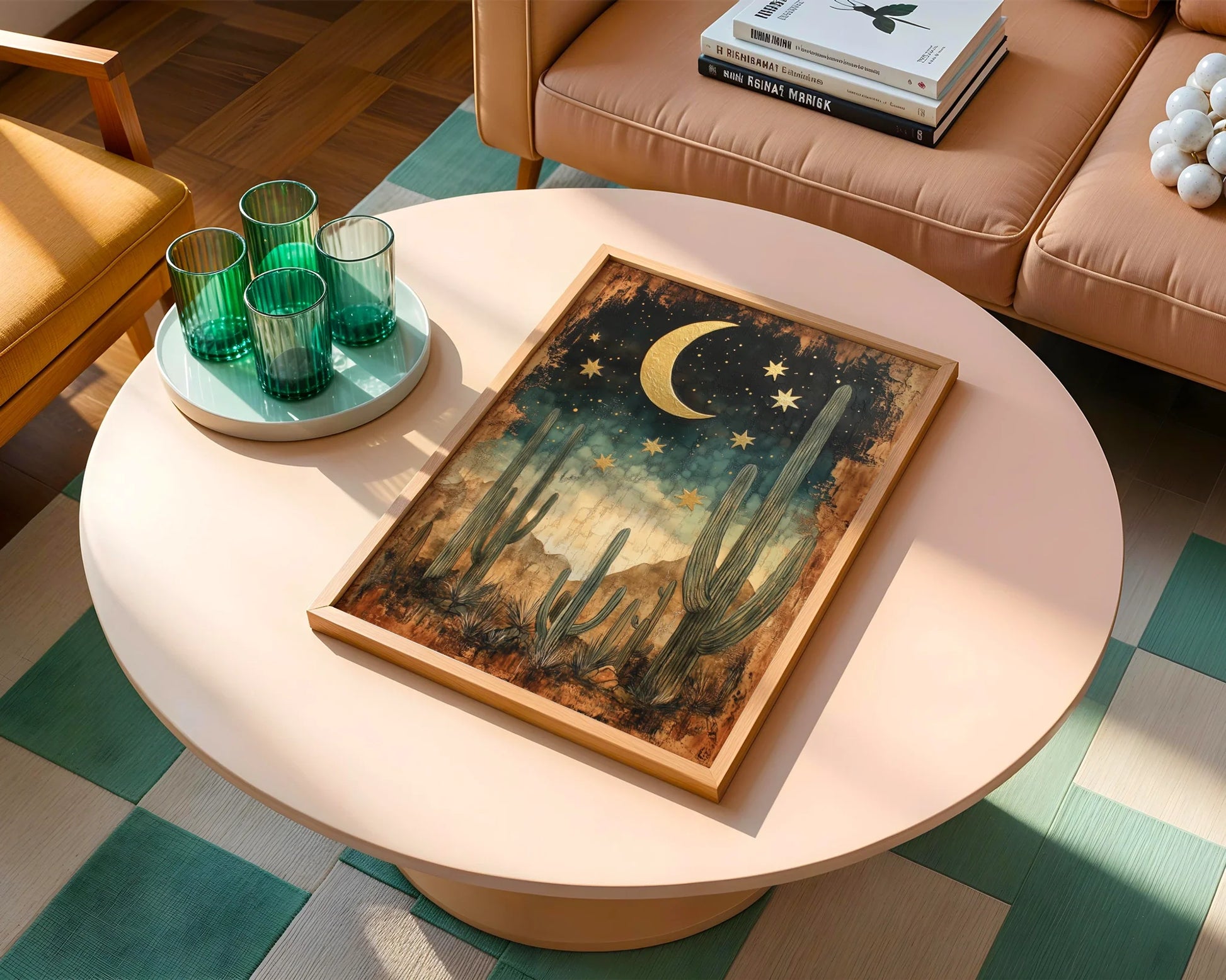Desert Cactus Gold Moon Saguaro Boho Print in room