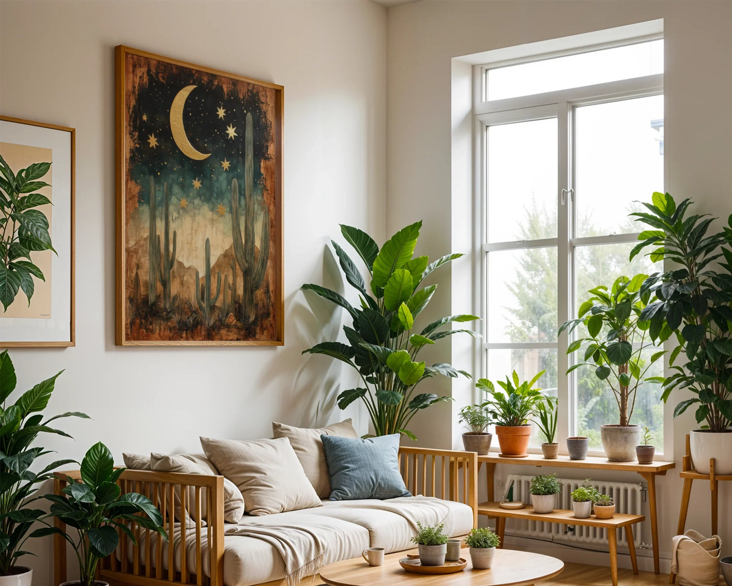 Desert Cactus Canvas Wall Art Gold Moon Saguaro Boho Print — Contemporary living space features large-scale print showcasing nocturnal wilderness with towering plants