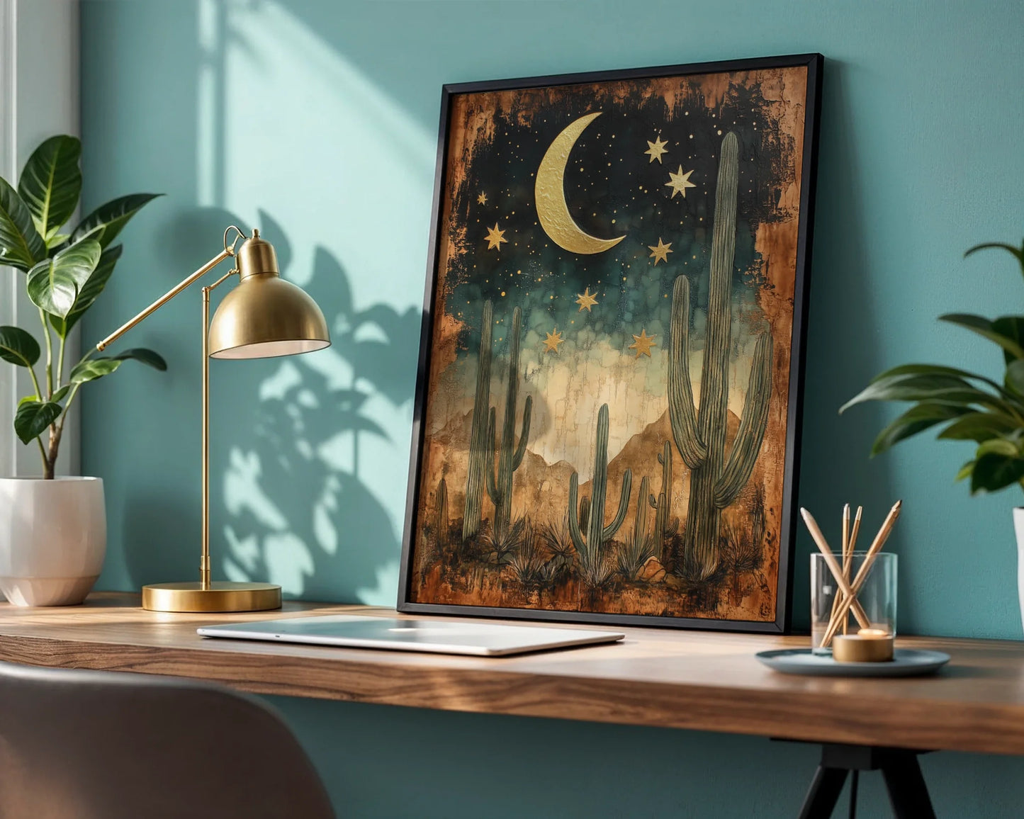 Desert Cactus Canvas Wall Art Gold Moon Saguaro Boho Print — Industrial loft displays textured artwork showing vintage-inspired badlands with lunar landscape details