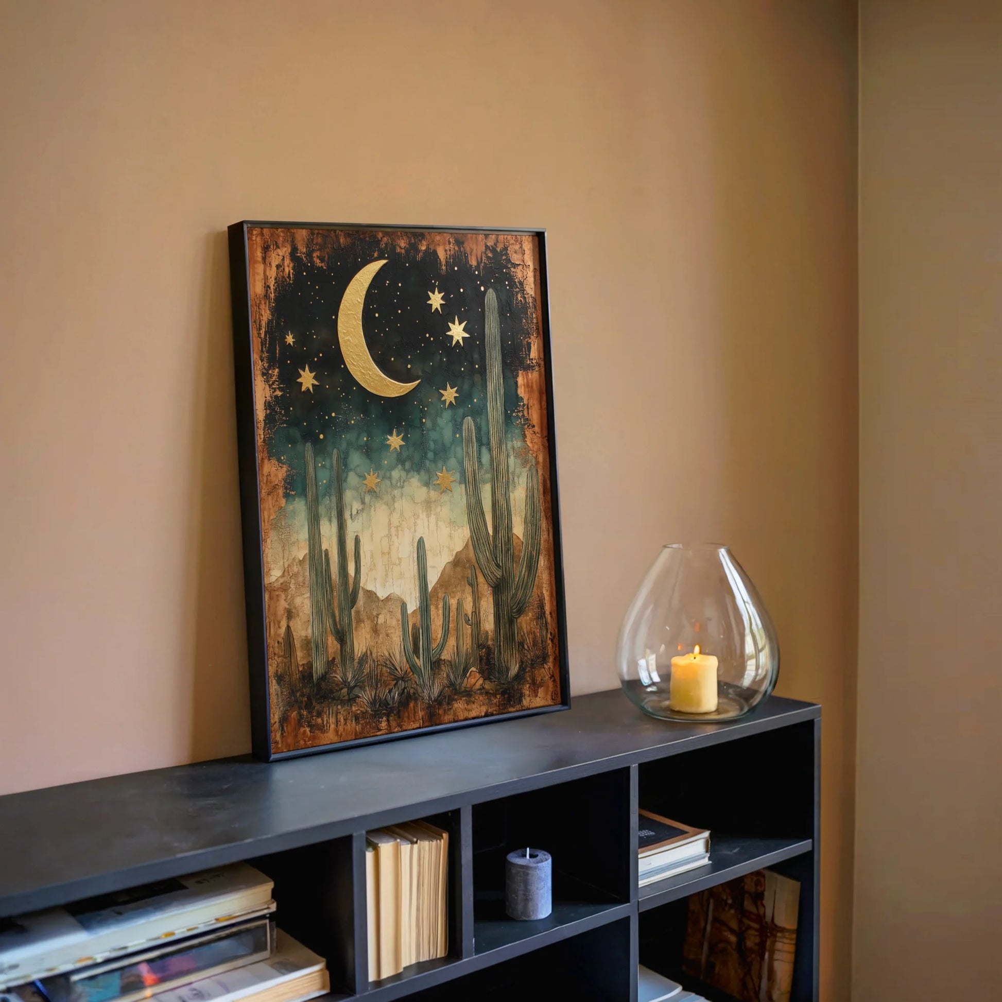 Desert Cactus Gold Moon Saguaro Boho Print in room