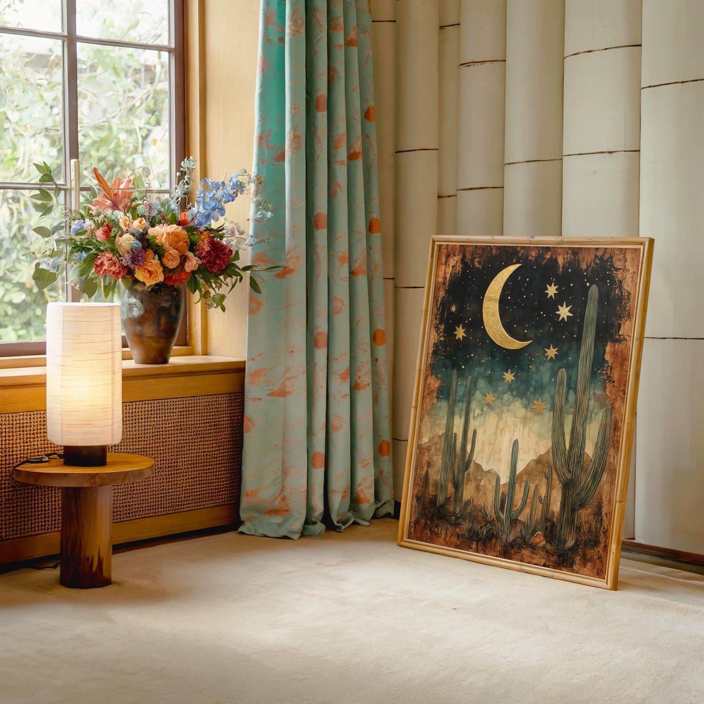 Desert Cactus Gold Moon Saguaro Boho Print in room