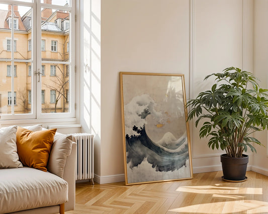 Japanese Wave Art Gold Leaf Textured Canvas Wall Art — Scandinavian-influenced artwork featuring iconic rolling waves with metallic highlights for contemporary home decor