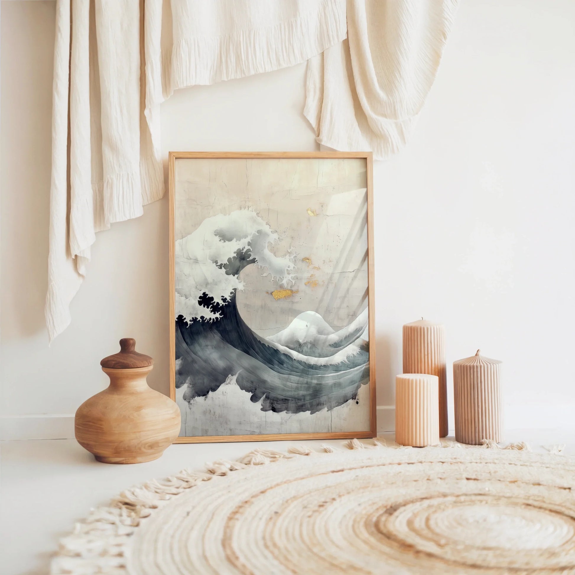 Japanese Wave Art Gold Leaf Textured Canvas Wall Art — Deep slate canvas with pearl-colored spray patterns creating dramatic contrast for bold interior styling