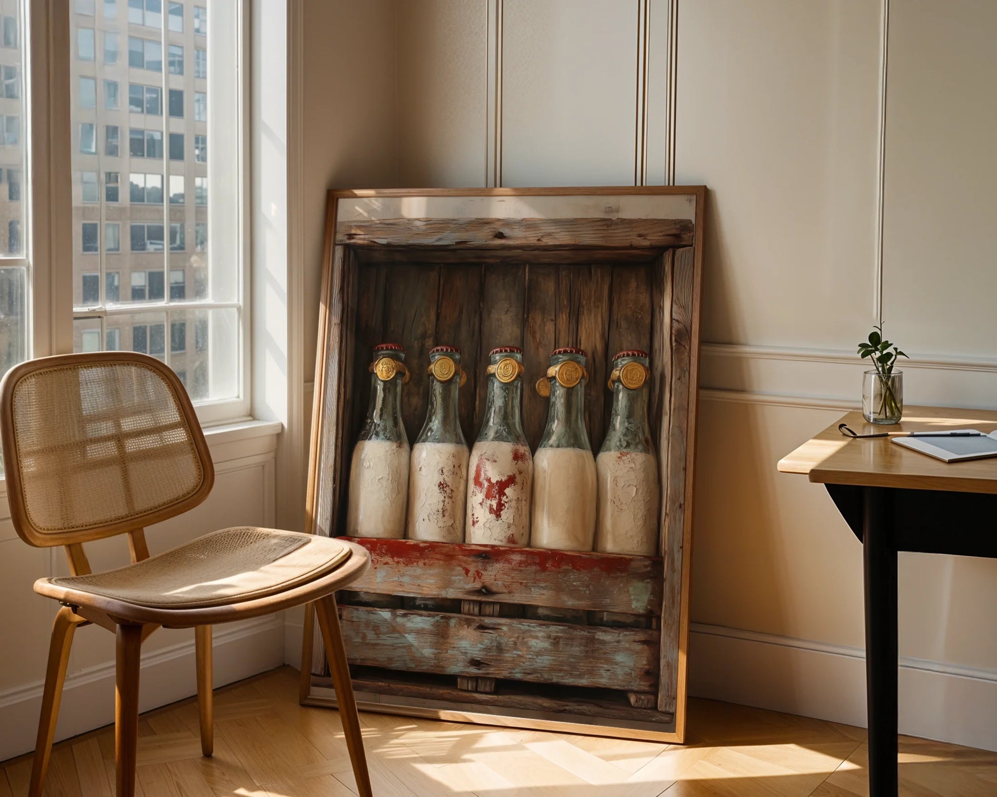 Farmhouse Milk Bottles Wax Sealed Maritime Canvas Wall Art — Shabby chic canvas showcasing glass dairy vessels with worn wooden crate for cottage style home decor