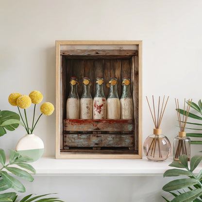 Farmhouse Milk Bottles Wax Sealed Maritime Canvas Wall Art — Primitive canvas art displaying sealed glass vessels nestled in reclaimed wood for kitchen styling