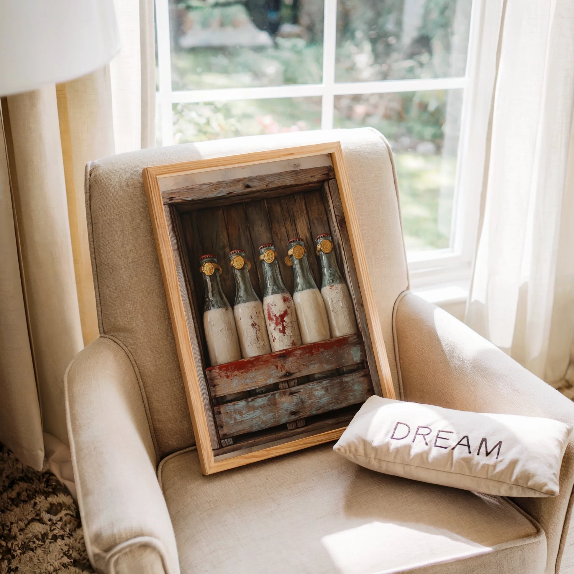 Farmhouse Milk Bottles Wax Sealed Maritime Canvas Wall Art — Cream and sage canvas with textured glass vessels showing patinated copper details for neutral decor
