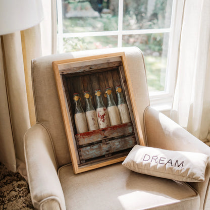 Farmhouse Milk Bottles Wax Sealed Maritime Canvas Wall Art — Cream and sage canvas with textured glass vessels showing patinated copper details for neutral decor