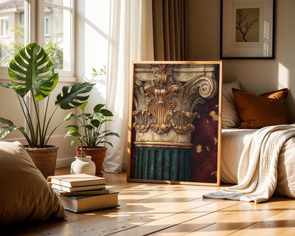 Classical Architecture Corinthian Capital Gold Canvas Wall Art — Timeless pillar artwork with intricate stonework details perfect for traditional home styling and heritage decor