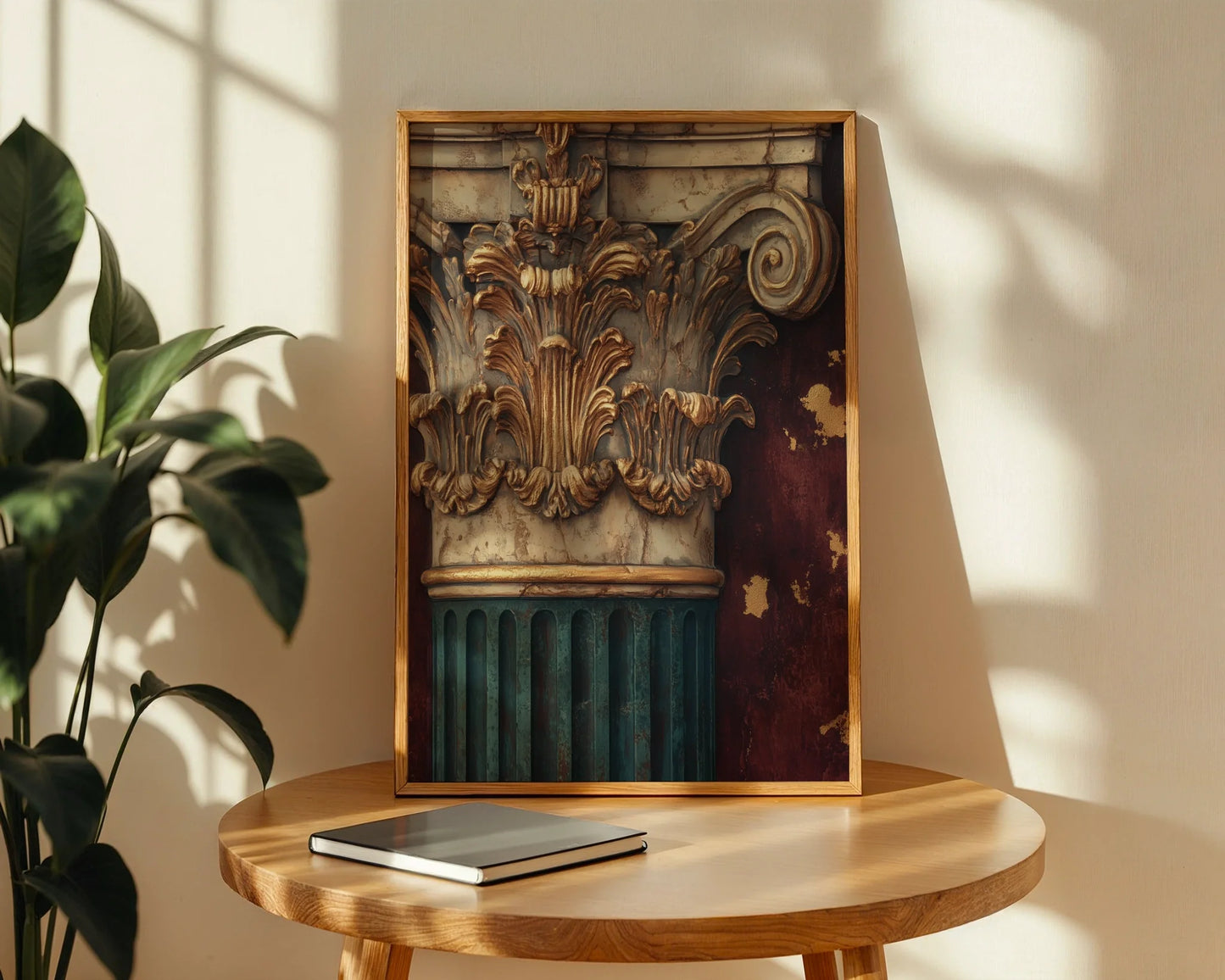 Classical Architecture Corinthian Capital Gold Canvas Wall Art — Atmospheric canvas depicting historic Greek pillar in rich tones for dramatic interior design schemes