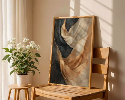 Flowing Abstract Art Translucent Silk Ribbons Canvas Wall Art — Elegant interior showcasing ethereal fabric cascading through stone caverns on canvas for luxury decor