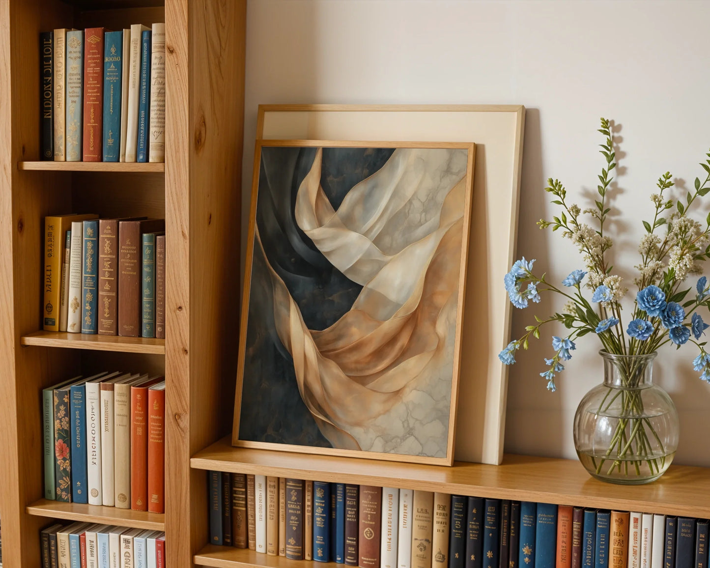 Flowing Abstract Art Translucent Silk Ribbons Canvas Wall Art — Sophisticated living space featuring geological layers with gossamer elements in modern home styling