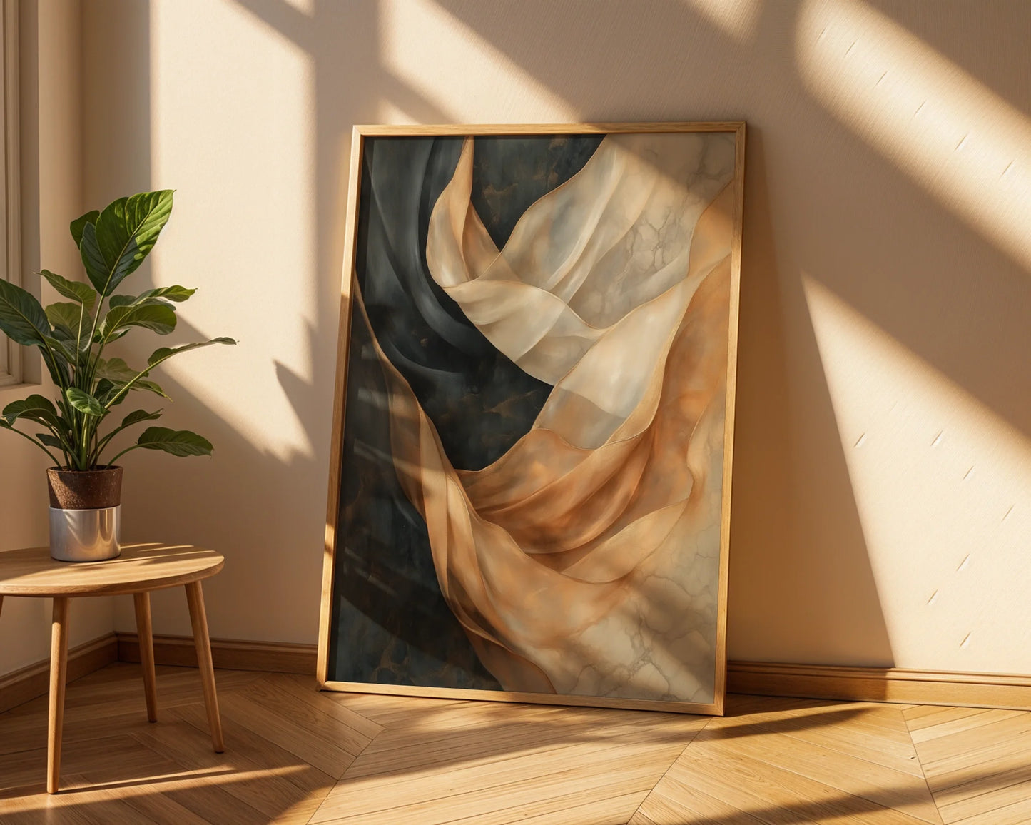 Flowing Abstract Art Translucent Silk Ribbons Canvas Wall Art — Chic room displaying weightless textile forms dancing through rocky formations in contemporary design