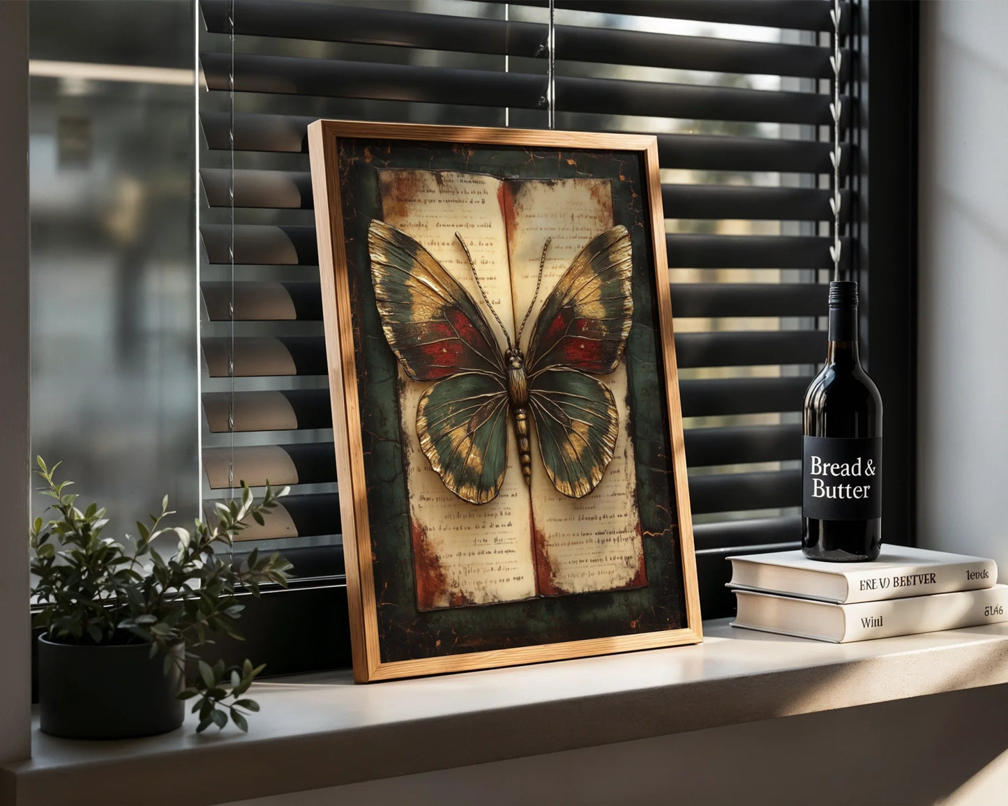 Butterfly Specimen Manuscript Dark Academia Canvas Wall Art — Scholarly canvas featuring golden butterfly on weathered text pages in curated bookish home decor setting