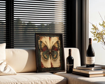 Butterfly Specimen Manuscript Dark Academia Canvas Wall Art — Classic entomology canvas showing delicate wings preserved on ancient manuscript for timeless decor