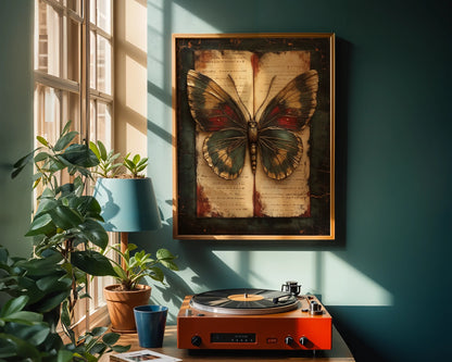 Butterfly Specimen Manuscript Dark Academia Canvas Wall Art — Atmospheric library-inspired canvas with illuminated butterfly on old papers for contemplative spaces