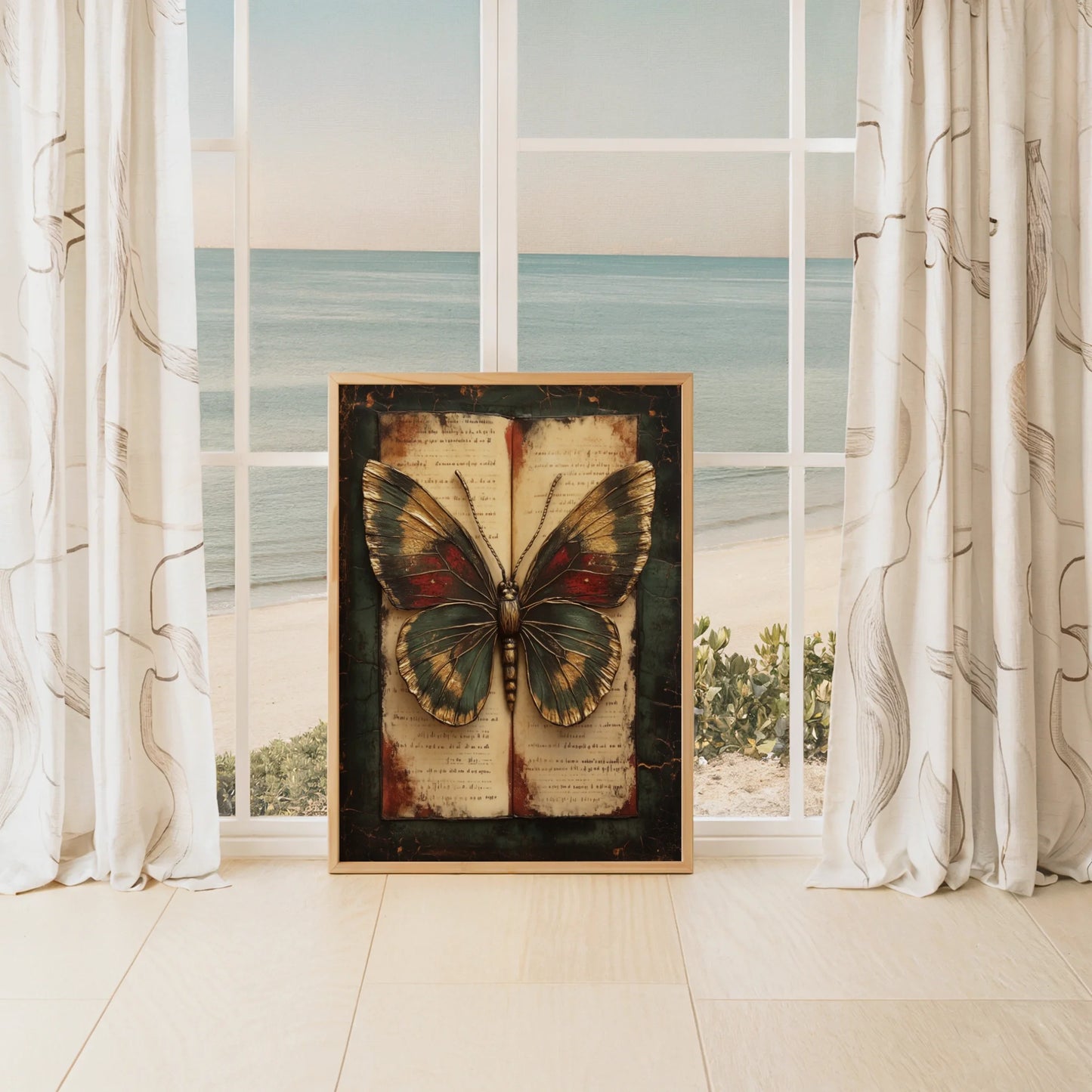 Butterfly Specimen Manuscript Dark Academia Canvas Wall Art — Rich copper-toned butterfly canvas with emerald undertones creating warmth in sophisticated interiors