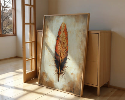 Feather Art Gold Lace Dissolving Boho Canvas Wall Art — Rustic wall piece depicting graceful quill morphing into delicate webbing for bohemian room styling