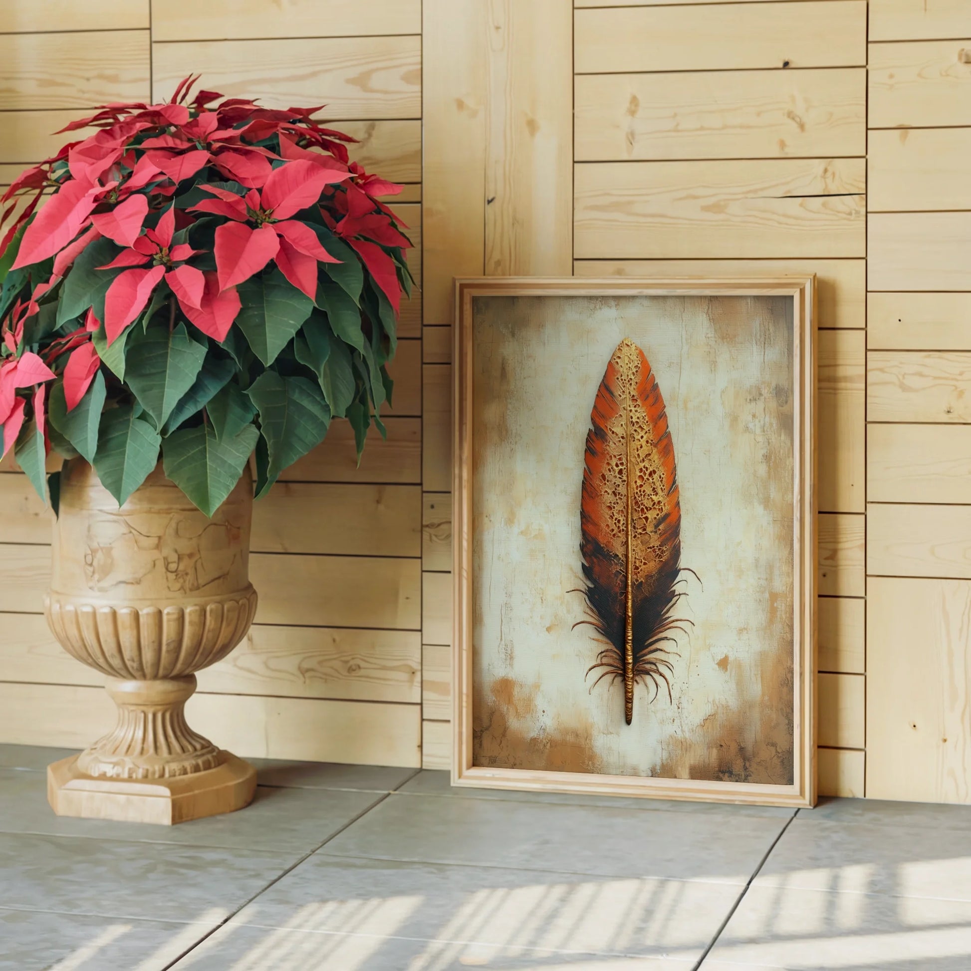 Feather Art Gold Lace Dissolving Boho Canvas Wall Art — Warm sienna tones blend with creamy hues on textured canvas creating rich dimensional wall art