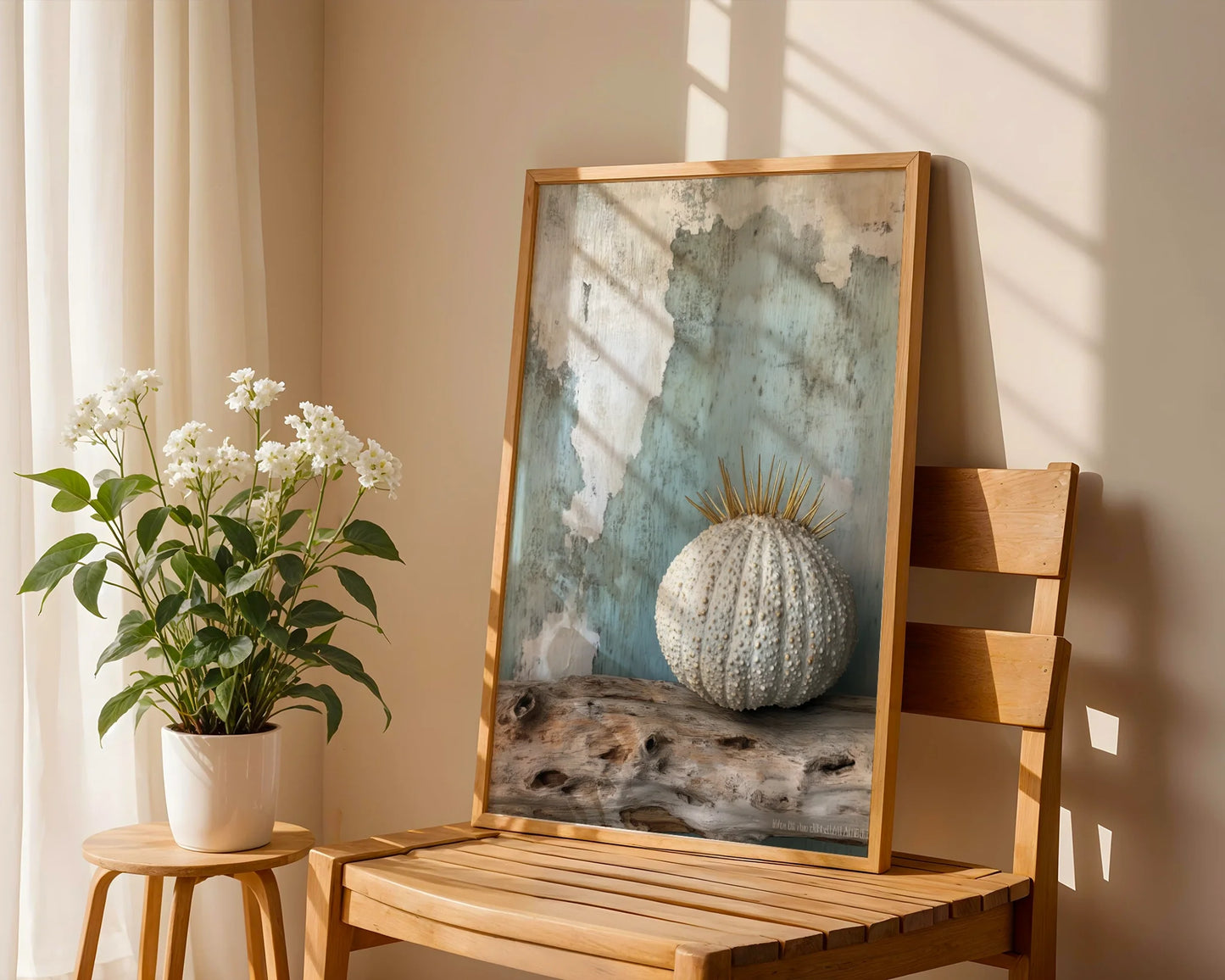 Coastal Sea Urchin Golden Spines Textured Canvas Wall Art — Aquatic wall piece presenting aged echinoderm with brass highlights for timeless seaside styling