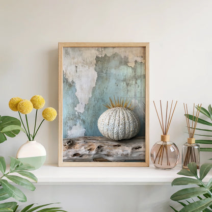 Coastal Sea Urchin Golden Spines Textured Canvas Wall Art — Tidal-zone inspired canvas showing barnacle-crusted specimen on weathered surface for organic home design