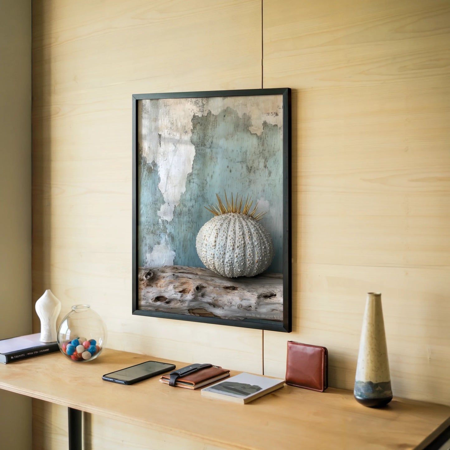 Coastal Sea Urchin Golden Spines Textured Canvas Wall Art — Sage and ivory canvas with rough plaster finish mimicking Mediterranean courtyard walls for earthy spaces