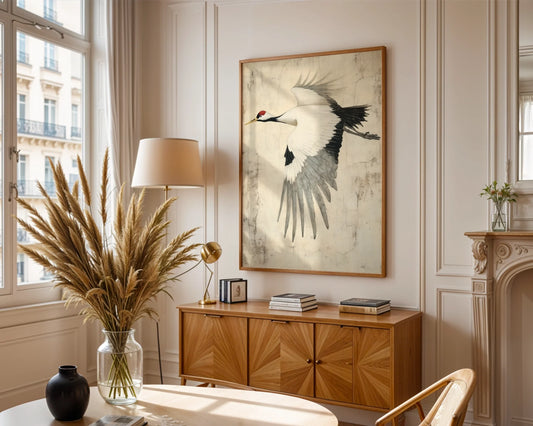 Flying Crane Japanese Style Textured Parchment Canvas Wall Art — Serene Japandi artwork showcasing graceful bird in motion for contemporary home styling